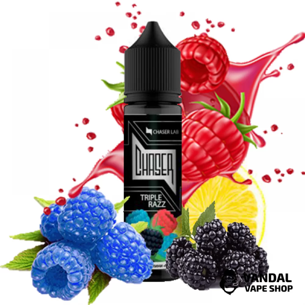 Рідина Chaser Black Triple Razz 60 мл, 6 мг, на органічному нікотині, зі смаком блакитної, червоної та чорної малини з лимоном Рідина Chaser Black Triple Razz 60 мл, 6 мг, на органічному нікотині, зі смаком блакитної, червоної та чорної малини з лимоном