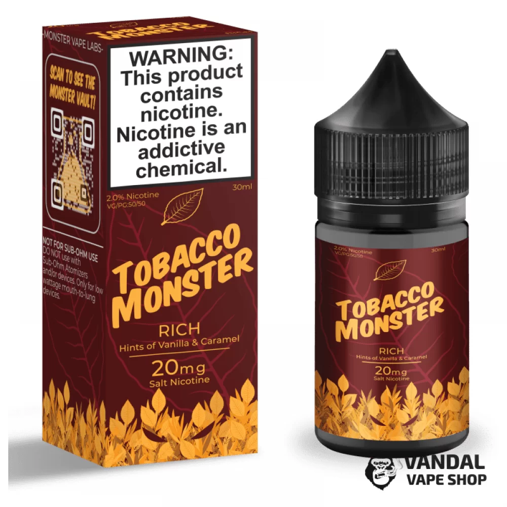 Премиальная солевая жидкость Tobacco Monster Salt 30 мл, 60 мг со вкусом табака и ванили с карамелью Премиальная солевая жидкость Tobacco Monster Salt 30 мл, 60 мг со вкусом табака и ванили с карамелью