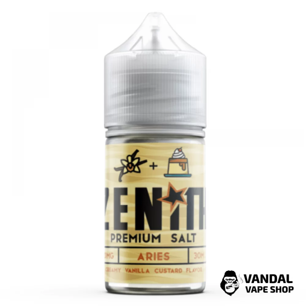Премиальная солевая жидкость Zenith Salt Aries 30 мл, 25 мг со вкусом ванили и заварного крема Премиальная солевая жидкость Zenith Salt Aries 30 мл, 25 мг со вкусом ванили и заварного крема