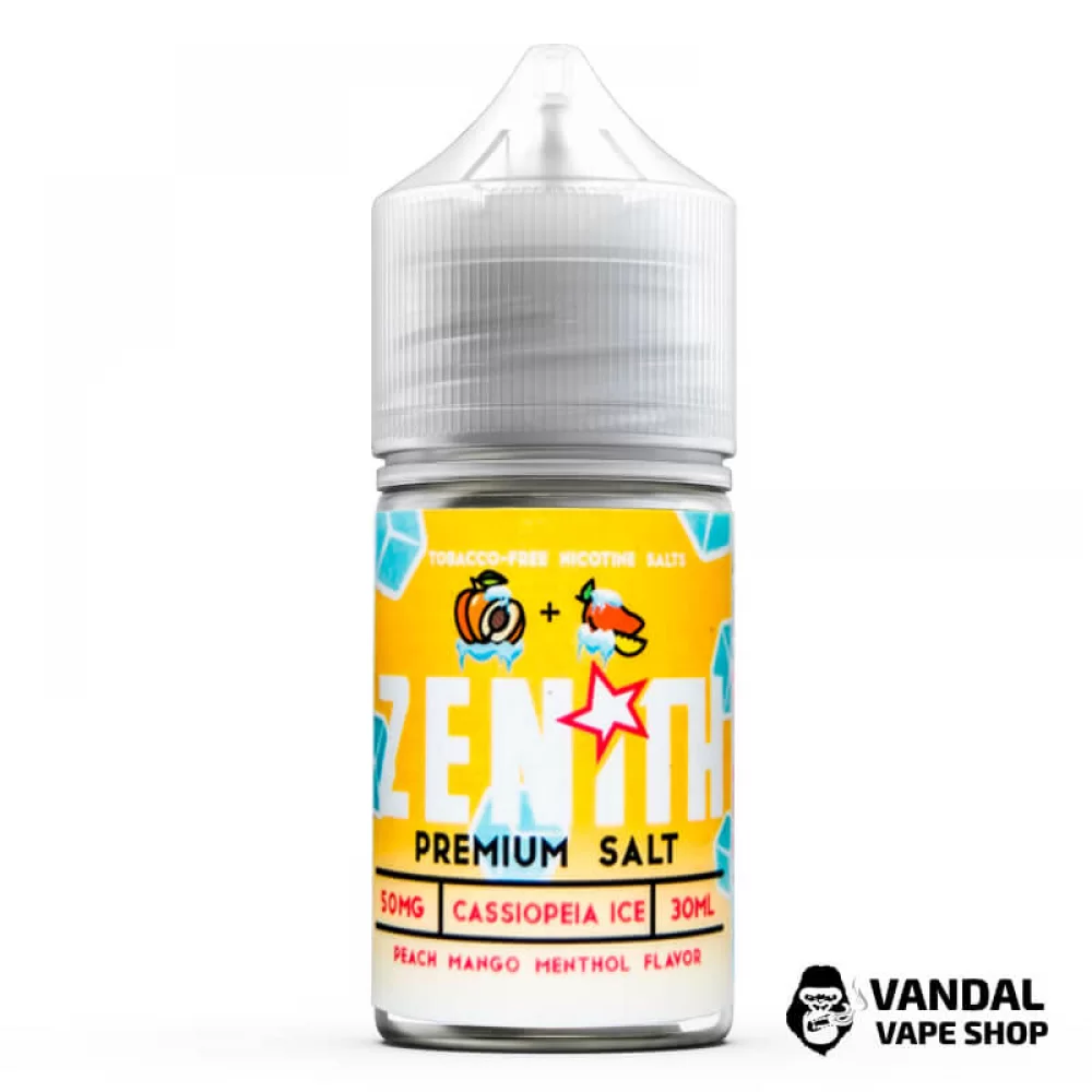 Премиальная солевая жидкость Zenith Salt Cassiopeia Ice 30 мл, 50 мг со вкусом персика и манго с холодком Премиальная солевая жидкость Zenith Salt Cassiopeia Ice 30 мл, 50 мг со вкусом персика и манго с холодком