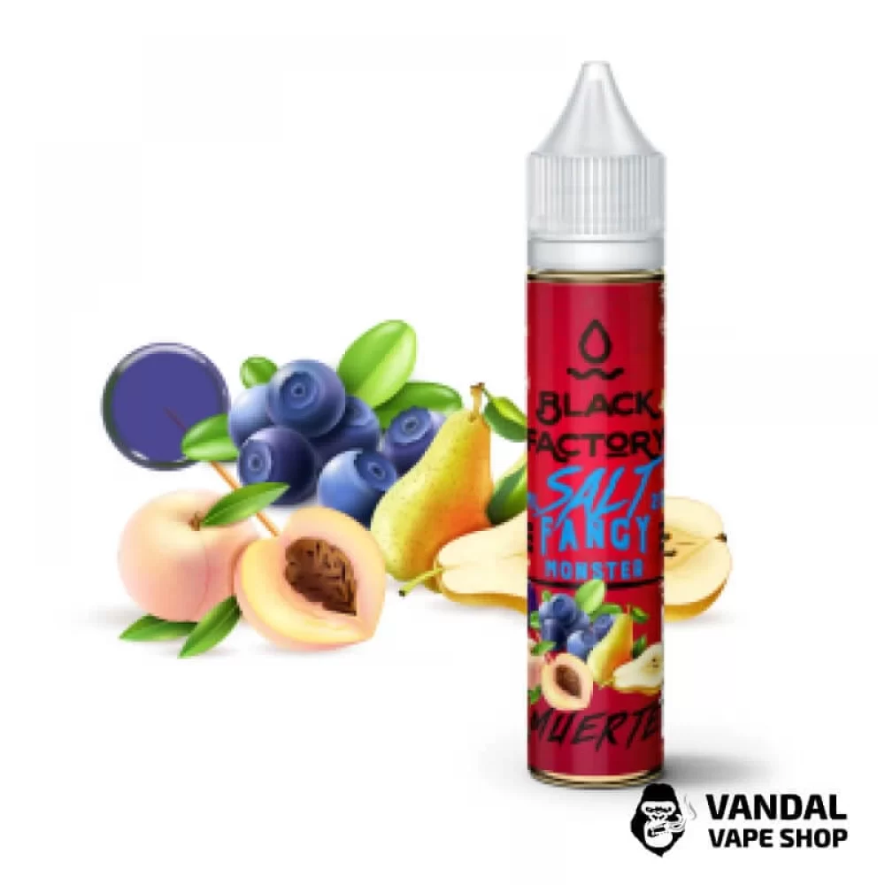 ЖИДКОСТЬ FANCY MONSTER (BLACK FACTORY) SALT - Muerte 30 МЛ 25 мг НА СОЛЕВОМ НИКОТИНЕ СО ВКУСОМ груши черничной конфетти и персика