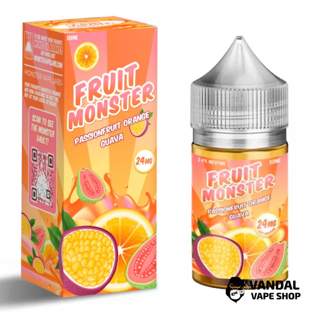 Преміальна сольова рідина Fruit Monster Salt 30 мл 24 мг зі смаком маракуйї, апельсина та гуави Преміальна сольова рідина Fruit Monster Salt 30 мл 24 мг зі смаком маракуйї, апельсина та гуави