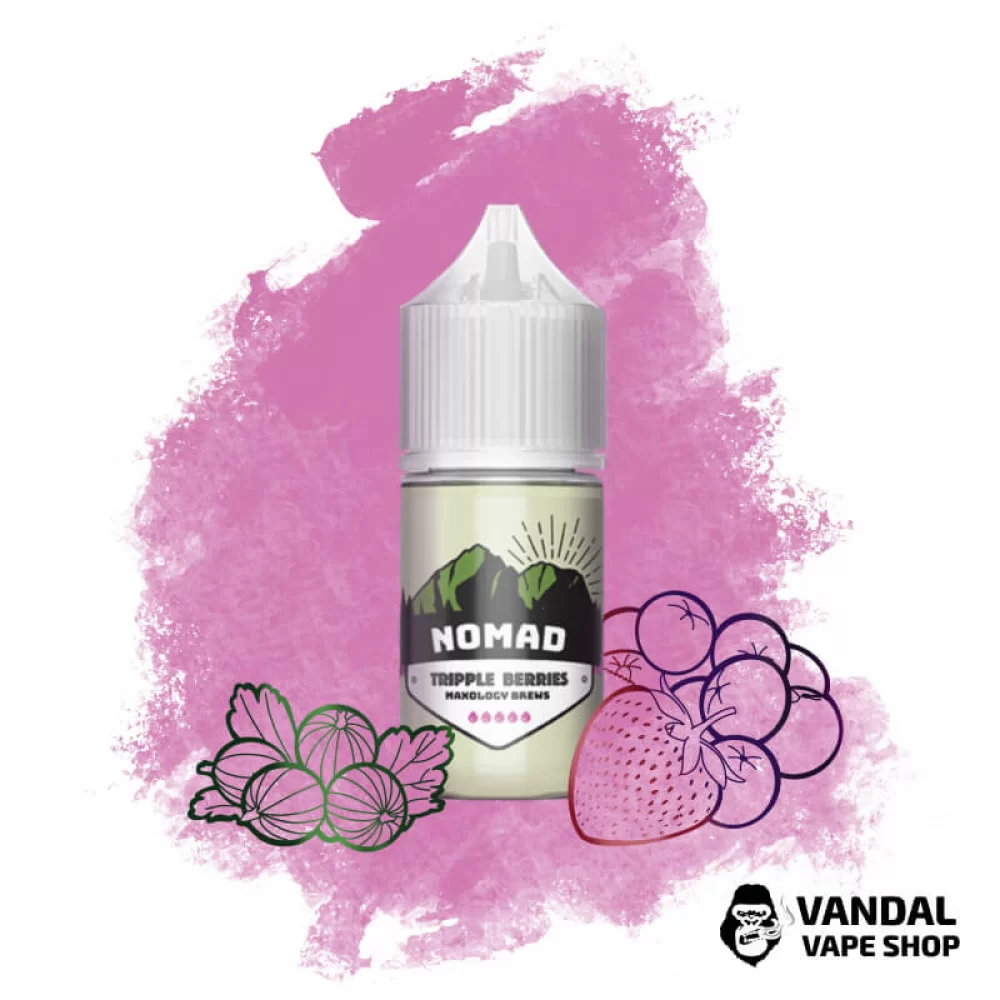 Рідина NOMAD Salt 30 мл 50 мг на сольовому нікотині зі смаком полуниці, чорниці та аґрусу Рідина NOMAD Salt 30 мл 50 мг на сольовому нікотині зі смаком полуниці, чорниці та аґрусу